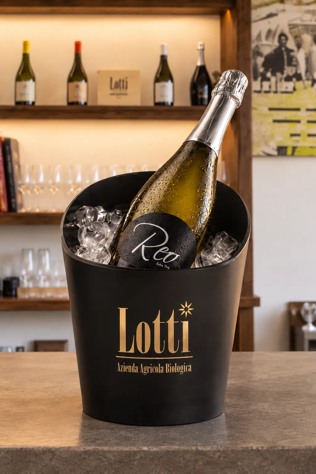 Reo Lotti e portabottiglia sul bancone, dettaglio ad alta definizione